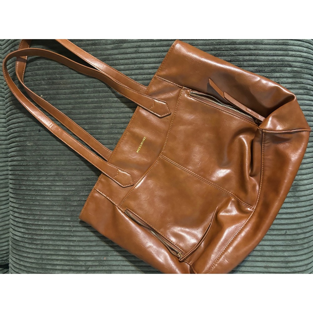 MISSNINE Tote Bag Womens Cognac Brown Faux Leather Multi-Pocket Shoulder Bag